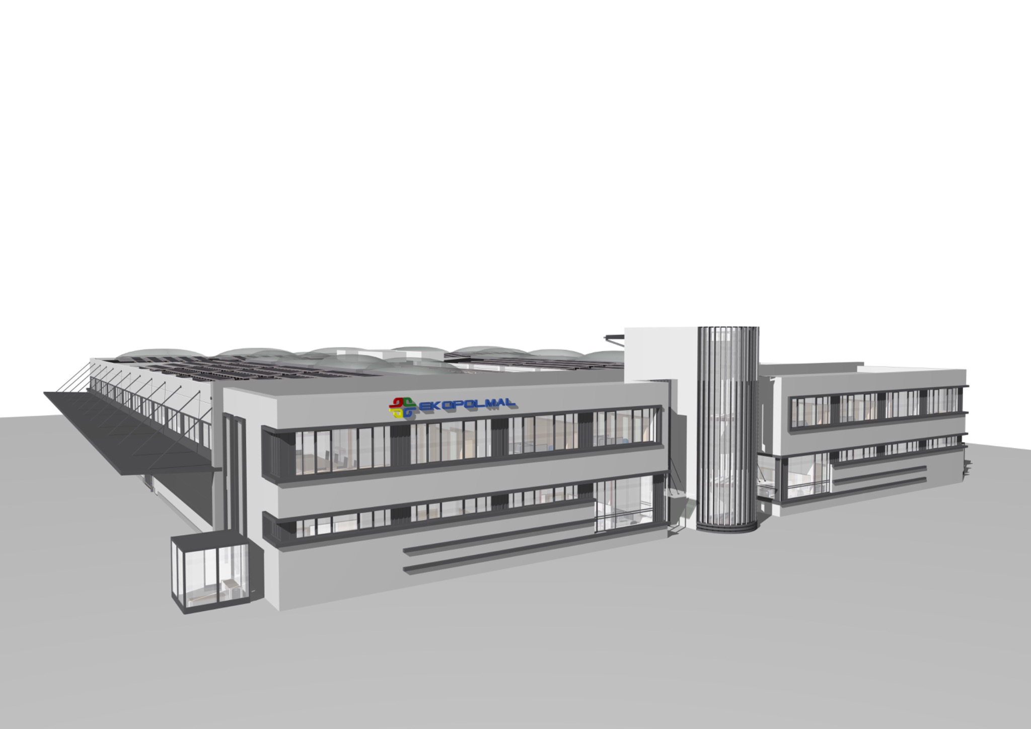 Wizualizacja 3D nowoczesnego zakładu produkcyjnego z częścią biurową, z przeszklonym cylindrycznym wejściem i logo 'EKOPOL-MAL' na fasadzie.