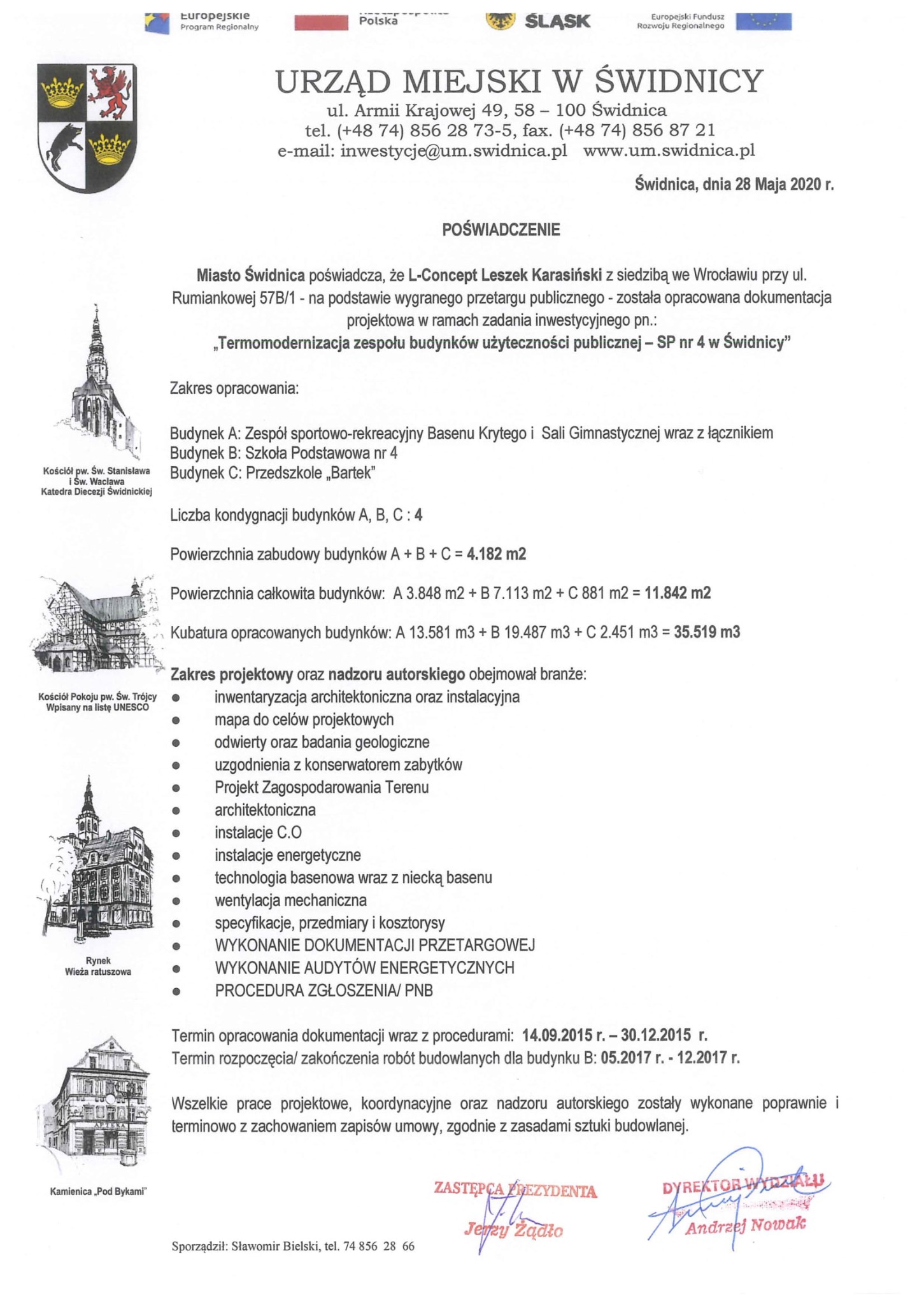 Skan dokumentu z Urzędu Miejskiego w Świdnicy, poświadczający opracowanie dokumentacji projektowej termomodernizacji budynków użyteczności publicznej, z miniaturami zdjęć Kościoła pw. Św.