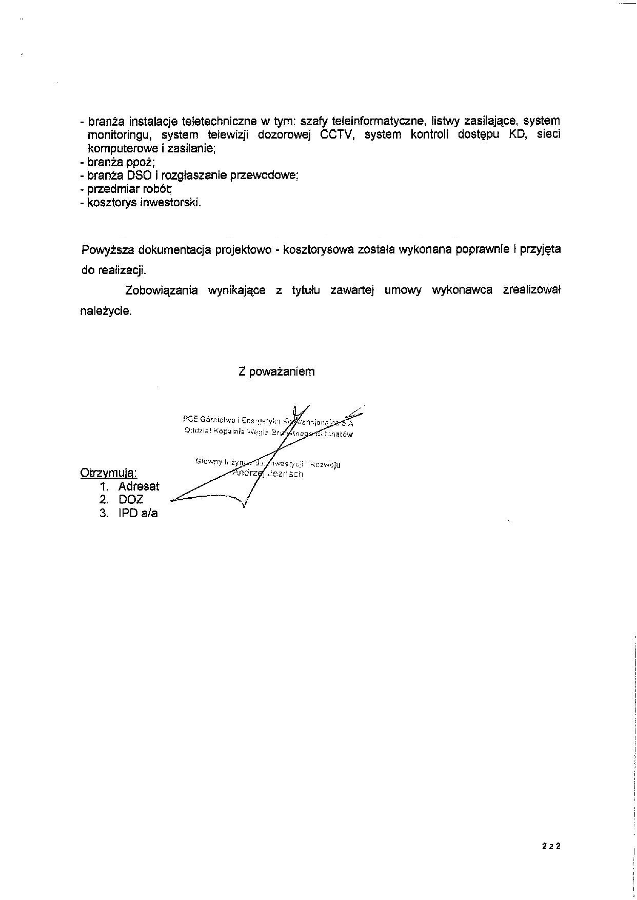 Skan dokumentu z tekstem dotyczącym branży instalacji teletechnicznych, szaf teleinformatycznych, systemów CCTV i kosztorysów inwestorskich, sygnowany przez PGE Górnictwo i Energetyka...