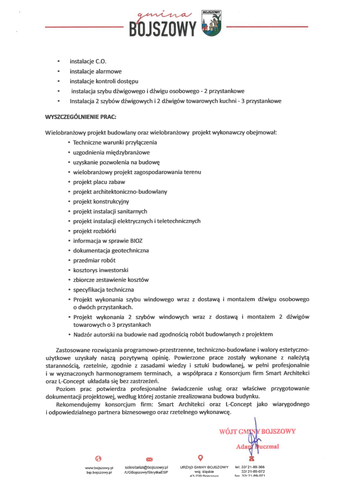 Skan dokumentu z Urzędu Gminy Bojszowy, wyszczególniający prace budowlane obejmujące instalacje C.O., alarmowe, kontroli dostępu, szybów dźwigowych osobowych i towarowych, oraz projekty budowlane...