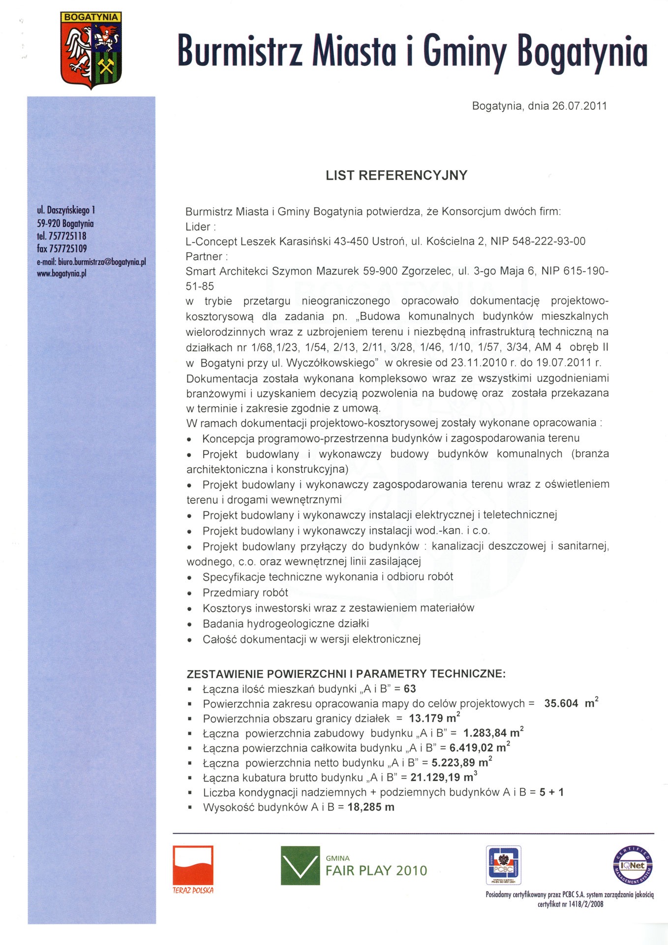 Skan dokumentu referencyjnego od Burmistrza Miasta i Gminy Bogatynia, potwierdzający opracowanie dokumentacji projektowo-kosztorysowej dla budowy komunalnych budynków mieszkalnych wielorodzinnych...