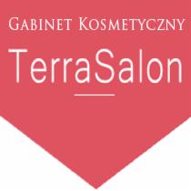 Logo Gabinetu Kosmetycznego TerraSalon na koralowym tle w kształcie odwróconego trójkąta.