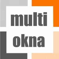 Graficzne logo firmy 'multi okna' na białym tle, z elementami w kolorach szarym, pomarańczowym i beżowym, układające się w kształt okna.