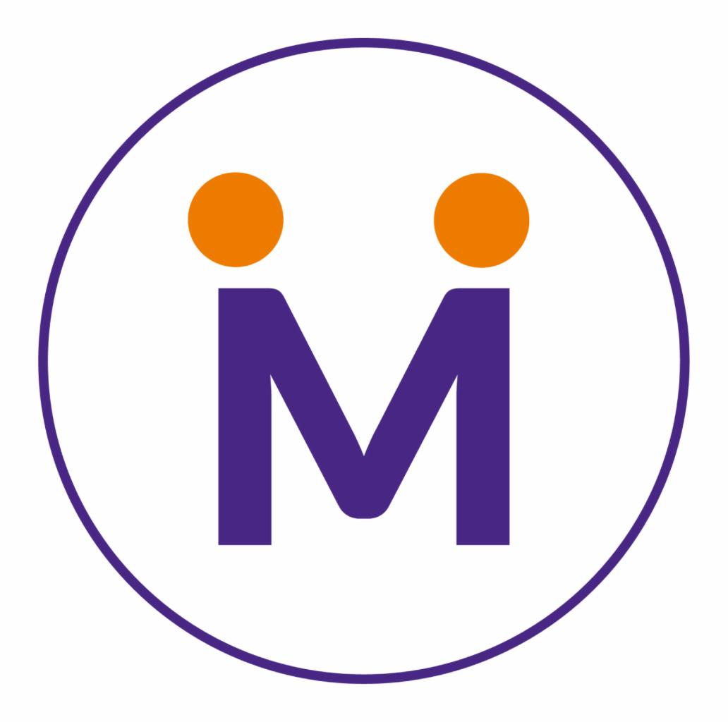 Fioletowe logo z literą M i dwoma pomarańczowymi kropkami, umieszczone w okręgu.