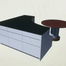 Wizualizacja 3D białej komody z czarnym blatem i okrągłego stolika z blatem w kolorze burgundu