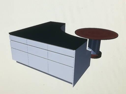 Wizualizacja 3D białej komody z czarnym blatem i okrągłego stolika z blatem w kolorze burgundu