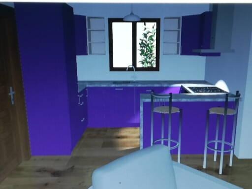 Wizualizacja kuchni w odcieniach fioletu z barkiem i hokerami, widok z perspektywy salonu, drewniana podłoga.