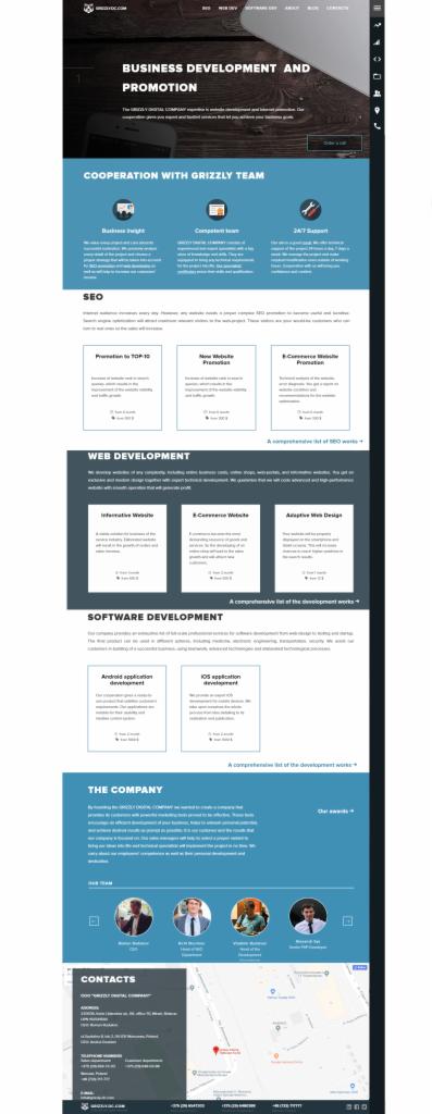 Zrzut ekranu strony internetowej firmy IT prezentujący ofertę usług związanych z rozwojem biznesu, SEO, tworzeniem stron internetowych i oprogramowania.