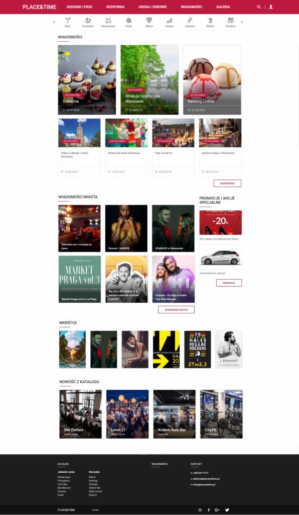 Zrzut ekranu strony internetowej z sekcjami wiadomości i promocji, zawierający miniaturki artykułów o tematyce kulinarnej, turystycznej, kulturalnej i rozrywkowej.