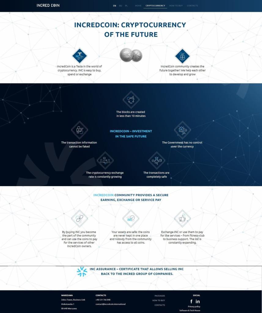 Grafika strony internetowej prezentująca koncepcję kryptowaluty IncredCoin, z ikonami i tekstami opisującymi jej zalety, takie jak bezpieczeństwo transakcji, brak kontroli rządowej i możliwość...