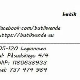 Wizytówka butiku Vende z pomarańczowym logo z trzema białymi paskami, adresem, numerem NIP, telefonem i adresem strony internetowej oraz Facebooka.