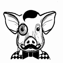 Grafika wektorowa przedstawiająca głowę świni w stylu retro, z monoklem, wąsami i muszką, na białym tle.