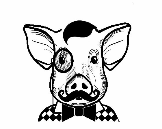 Grafika wektorowa przedstawiająca głowę świni w stylu retro, z monoklem, wąsami i muszką, na białym tle.