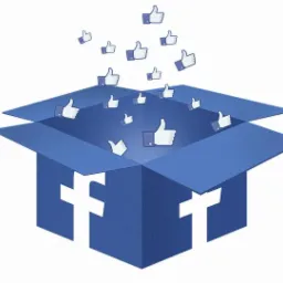 Niebieskie pudełko z logo Facebooka, z którego wylatują ikony kciuka w górę.