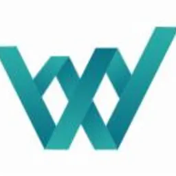 Turkusowy, abstrakcyjny symbol graficzny przypominający podwójne 'V' lub stylizowaną literę 'W', utworzony z nakładających się wstęg, na białym tle.