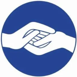 Symboliczna grafika: dwie białe dłonie splecione w geście wsparcia na intensywnym, okrągłym, niebieskim tle, sugerująca pomoc i zrozumienie.