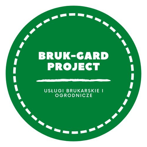 Zielone logo firmy Bruk-Gard Project oferującej usługi brukarskie i ogrodnicze, otoczone białym, przerywanym okręgiem.
