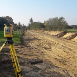 Żółty teodolit na trójnogu ustawiony na placu budowy drogi gruntowej z widocznymi śladami opon, w tle wykop i zieleń.