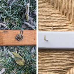 Dwa ujęcia: Z lewej drewniana listwa z metalowymi uchwytami na tle oszronionej trawy, z prawej pomalowana na szaro listwa z mosiężnymi haczykami na tle plecionego oparcia krzesła.