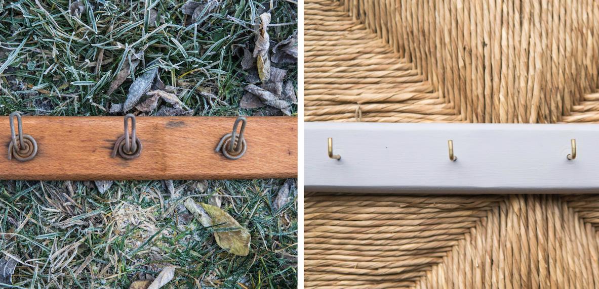 Dwa ujęcia: Z lewej drewniana listwa z metalowymi uchwytami na tle oszronionej trawy, z prawej pomalowana na szaro listwa z mosiężnymi haczykami na tle plecionego oparcia krzesła.