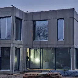 Wznoszony dom modułowy z szarych paneli, widoczne okna, teren budowy z paletami i materiałami budowlanymi, pochmurne niebo.