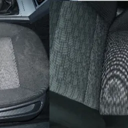 Porównanie przed i po czyszczeniu tapicerki fotela samochodowego, widoczne różnice w odcieniu i usunięcie zabrudzeń.