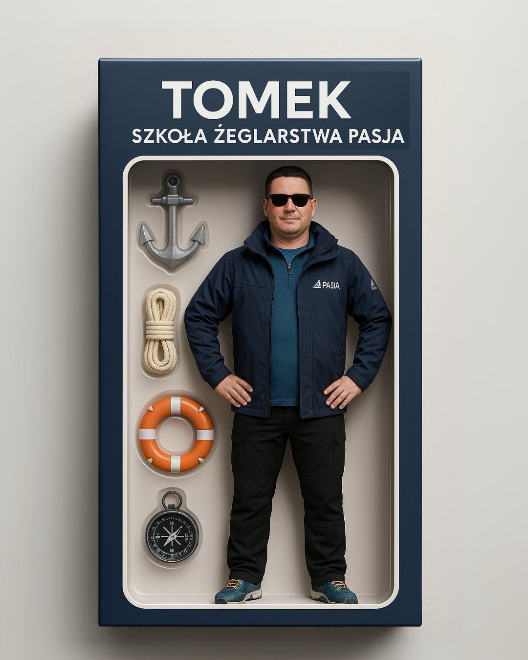Mężczyzna w kurtce z logo szkoły żeglarskiej, pozujący w pudełku przypominającym zabawkę, otoczony kotwicą, liną, kołem ratunkowym i kompasem.