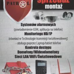Ulotka reklamowa firmy oferującej systemy alarmowe, monitoring HD/IP, domofony i wideodomofony. Na ulotce logo firmy, kamery monitoringu, model domu zabezpieczony łańcuchem z kłódką oraz klawiatura...