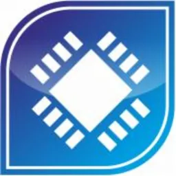 Błyszczące logo w kształcie zaokrąglonego kwadratu w odcieniach niebieskiego, z białym rombem w centrum otoczonym symetrycznie rozmieszczonymi białymi prostokątami, przypominające schemat układu...