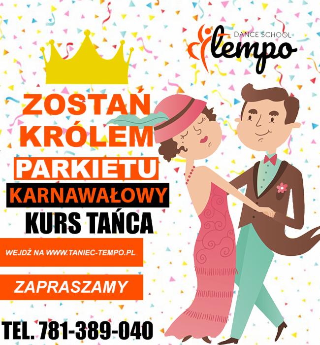 Grafika reklamowa karnawałowego kursu tańca z parą taneczną w stylu retro i hasłem 'Zostań królem parkietu' na tle konfetti.
