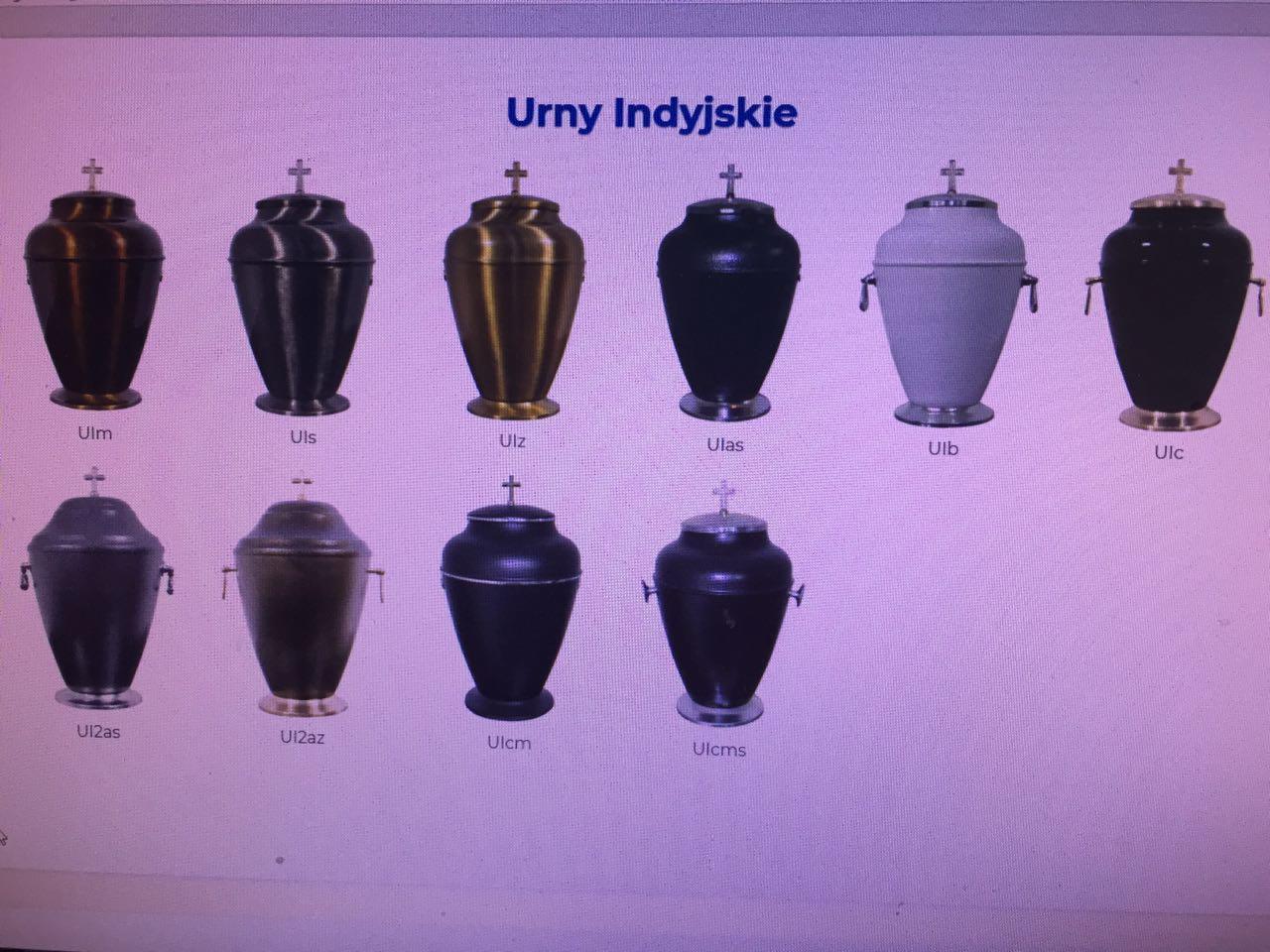 Katalog z różnymi modelami urn pogrzebowych w odcieniach brązu, czerni i szarości, prezentowany w Feliksowie.