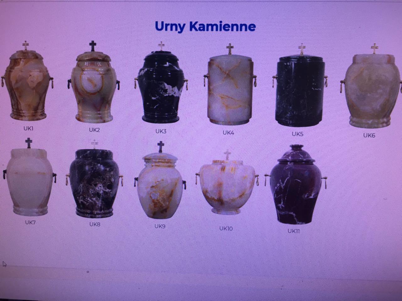 Prezentacja kamiennych urn pogrzebowych w różnych kształtach i kolorach, oznaczonych kodami UK1 do UK11.