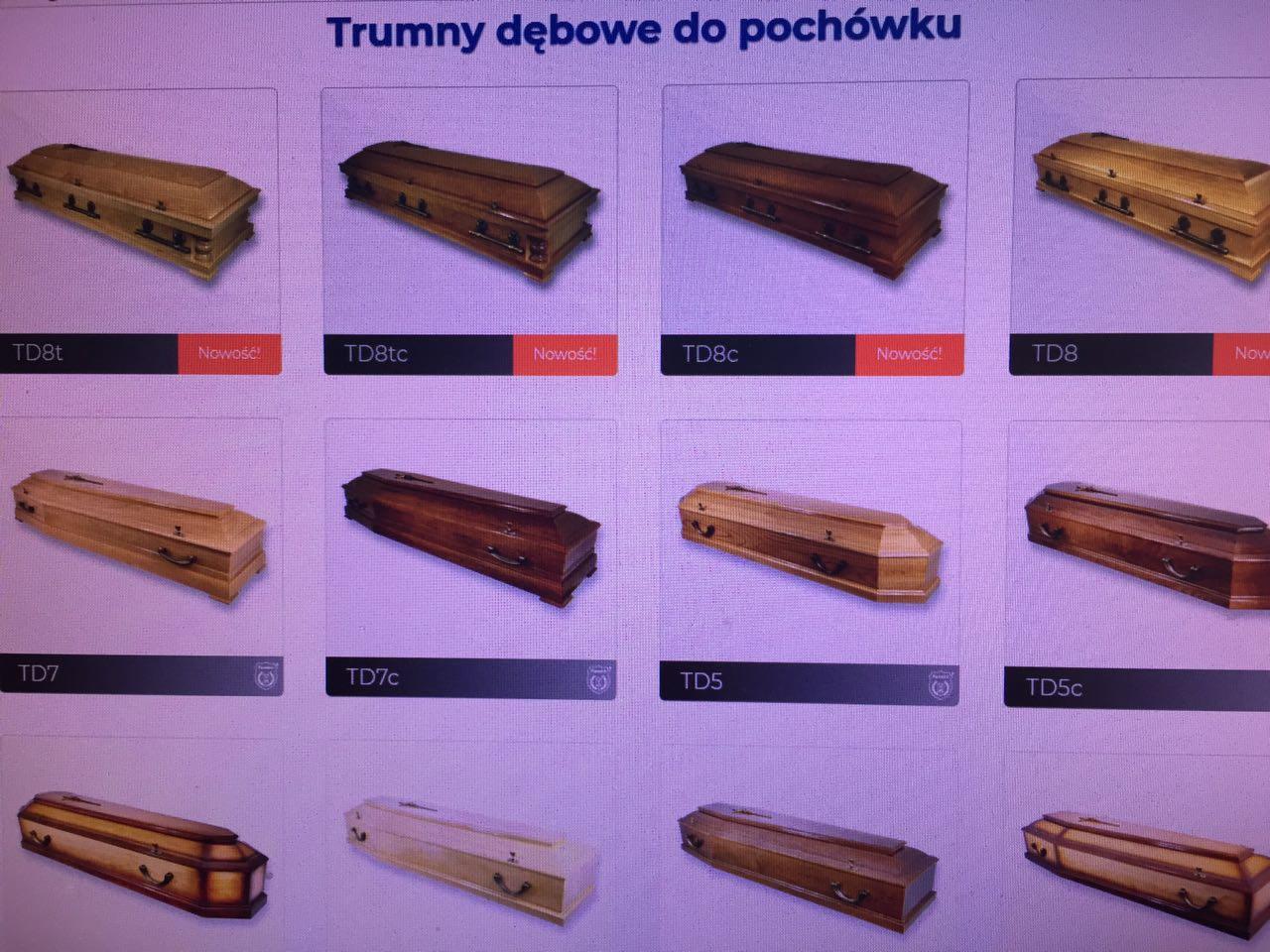 Galeria dębowych trumien w różnych odcieniach brązu i beżu, przeznaczonych do pochówku, z oznaczeniami modeli i informacją o nowości.