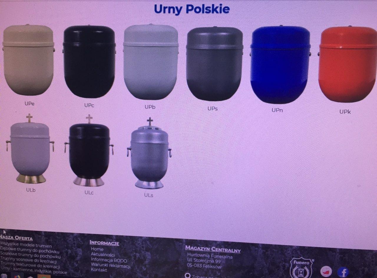Różne modele urn pogrzebowych w różnych kolorach i stylach, prezentowane na stronie internetowej producenta.