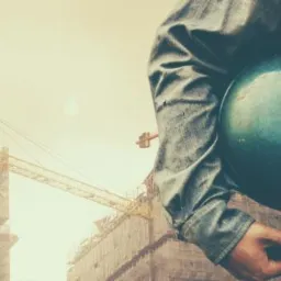 Pracownik budowlany trzymający zielony kask na tle budowy z dźwigami, ubrany w odblaskową kamizelkę.