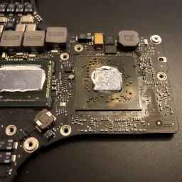 Fragment płyty głównej laptopa z dwoma procesorami pokrytymi pastą termoprzewodzącą, widoczne drobne elementy elektroniczne i oznaczenia na laminacie. Pasta na jednym procesorze wygląda...