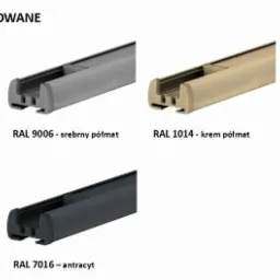 Przekrój lakierowanych profili w różnych kolorach RAL: biały, srebrny półmat, kremowy półmat, złoty dąb, brąz i antracyt, ułożonych w dwóch rzędach na białym tle.
