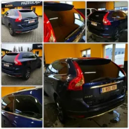 Kolaż zdjęć granatowego Volvo XC60 z przyciemnionymi szybami, widoczne z różnych perspektyw, wnętrze warsztatu z żółtymi ścianami.