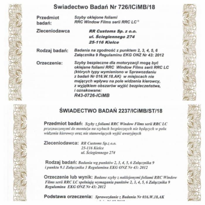 Skan dokumentu - Świadectwo Badań szyb oklejonych foliami RRC Window Films, wystawione dla RR Customs Sp. z o.o. z Kielc. Dokument potwierdza zgodność szyb z regulaminami i normami bezpieczeństwa.