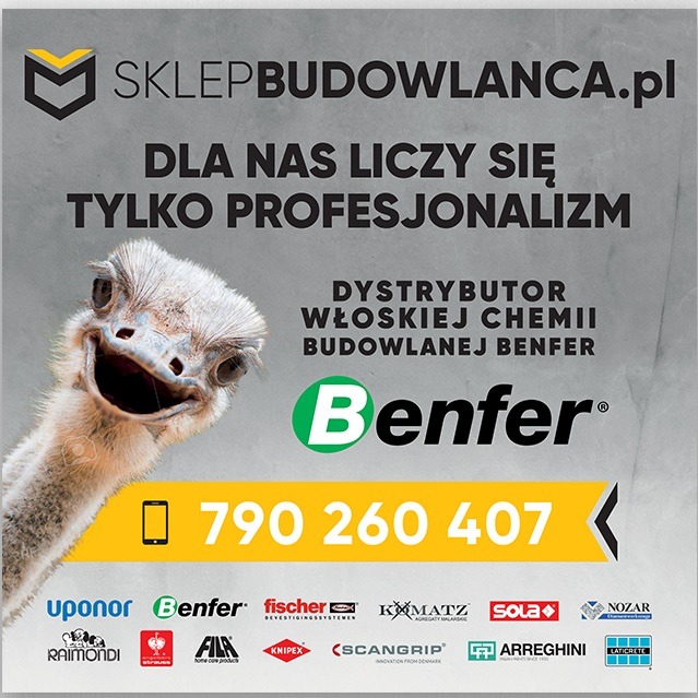Reklama sklepu internetowego z chemią budowlaną Benfer, z wizerunkiem uśmiechniętego strusia i numerem telefonu na żółtym tle, oraz logotypami partnerów.
