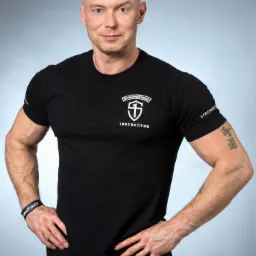 Portret mężczyzny z Opola w czarnej koszulce z logo 'StrongFirst Instructor', dłonie na biodrach, widoczny tatuaż na ramieniu.