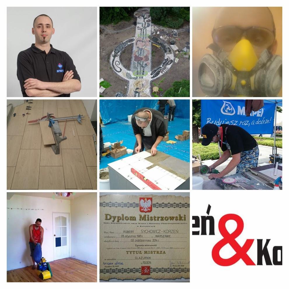 Zestawienie zdjęć z różnych realizacji: portret glazurnika z logo firmy, mozaika plenerowa z kamieni, glazurnik w masce ochronnej, układanie płytek podłogowych, glazurnik pracujący z poziomnicą...