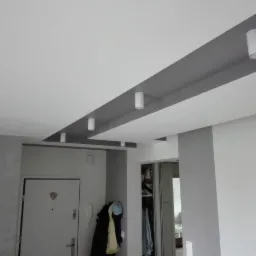 Nowoczesny przedpokój z podwieszanym sufitem w odcieniach bieli i szarości, oświetlony cylindrycznymi lampami punktowymi, z widocznymi elementami garderoby i drzwiami wejściowymi.