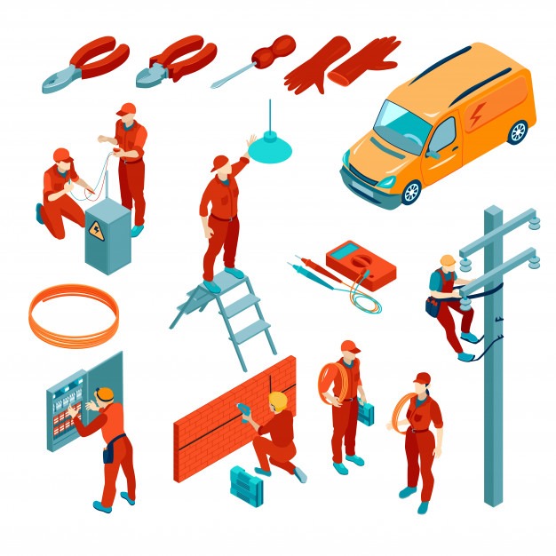 Izometryczny schemat przedstawiający różne etapy prac elektrycznych: podłączenie skrzynki, montaż oświetlenia, praca na słupie energetycznym, pomiary, wiercenie w ścianie, narzędzia i pomarańczowy...