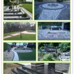 Kompozycja zdjęć przedstawiająca zrealizowane projekty: ścieżki w ogrodzie, tarasy, elementy dekoracyjne z kamienia, schody zewnętrzne, zieleń, z kontaktami firmy.