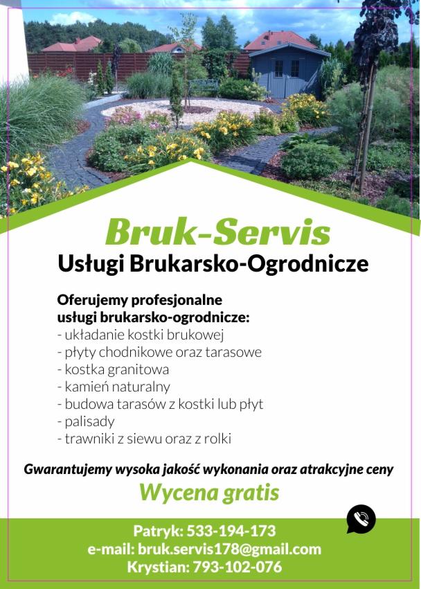 Folder reklamowy firmy brukarsko-ogrodniczej prezentujący ścieżkę z kostki brukowej w ogrodzie z domkiem narzędziowym w tle.