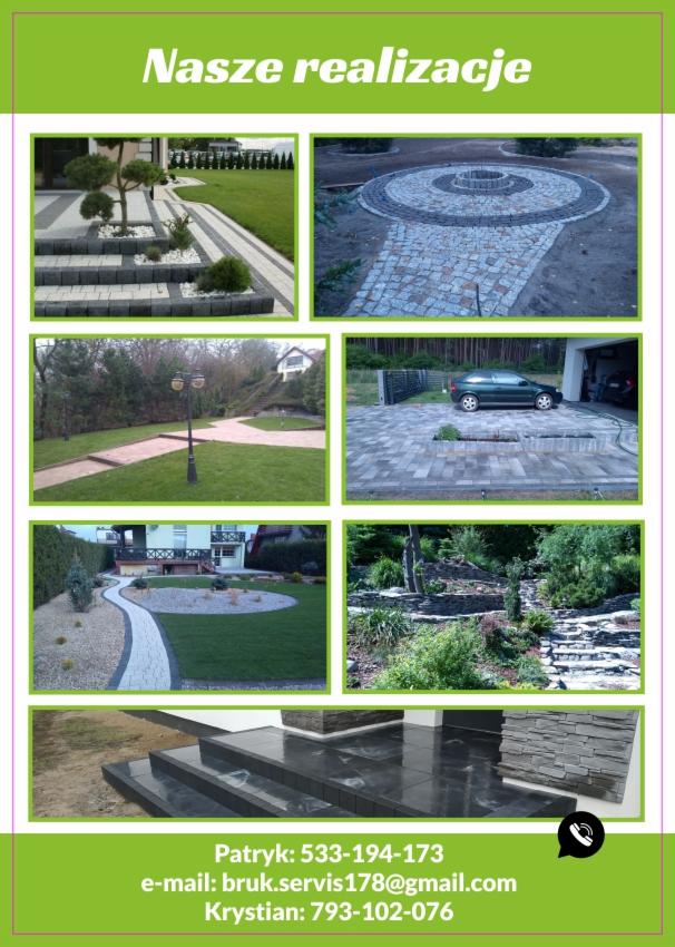 Kompozycja zdjęć przedstawiająca zrealizowane projekty: ścieżki w ogrodzie, tarasy, elementy dekoracyjne z kamienia, schody zewnętrzne, zieleń, z kontaktami firmy.