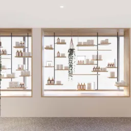 Projekt wnętrza sklepu z kosmetykami naturalnymi, prezentujący minimalistyczne półki z drewnianymi obramowaniami, metalową spiralną ekspozycję z roślinami i produktami oraz jasną, przestronną...