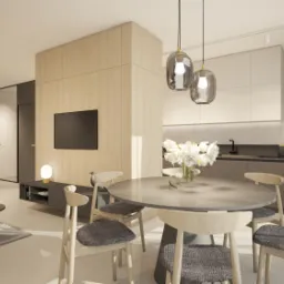 Wizualizacja wnętrza otwartego mieszkania z salonem i kuchnią, okrągły stół z krzesłami w stylu skandynawskim, wiszące lampy szklane, jasna kolorystyka, drewniane panele, rośliny doniczkowe...