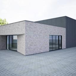 MSDL Michał Szuba Design LAB - Wizualizacja budynku usługowego z jasnej cegły i ciemnych paneli elewacyjnych, z dużymi oknami i dwoma przechodzącymi osobami.